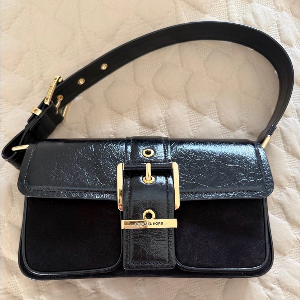 Michael Kors Black Leather & Suede Buckle Shoulder Bag